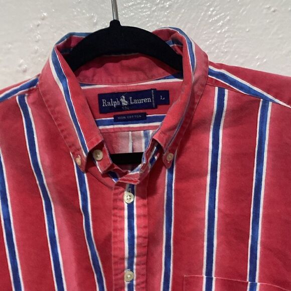 VTG Polo By Ralph Lauren S/S 100% Cotton Button Down SZ L Red/White/Blue - Picture 2 of 6